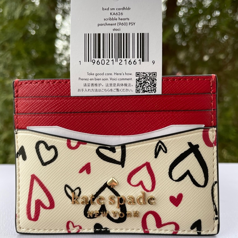 NWT!♠️❤️KATE SPADE RED & BLACK HEARTS SCRIBBLE PRINT CARD CASE!